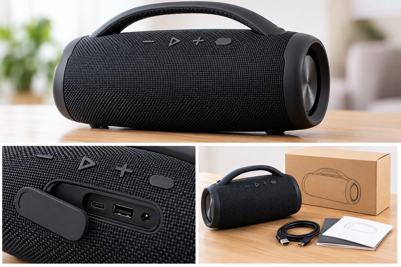 Imagem ilustrativa de caixa de som Bluetooth portátil com detalhes dos botões, conexões, embalagem e acessórios
