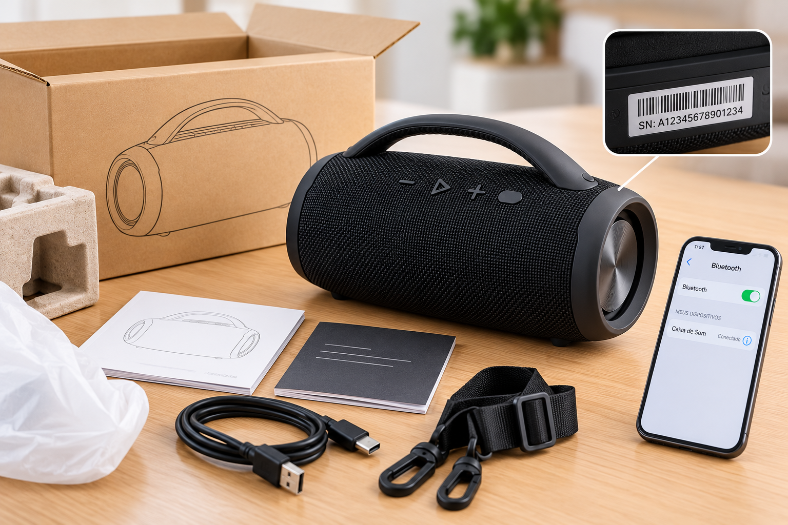 Imagem ilustrativa de caixa de som Bluetooth com embalagem, acessórios, identificação e celular conectado