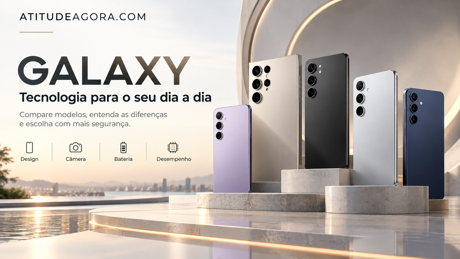 Ilustração de smartphones e critérios de escolha: design, câmera, bateria e desempenho