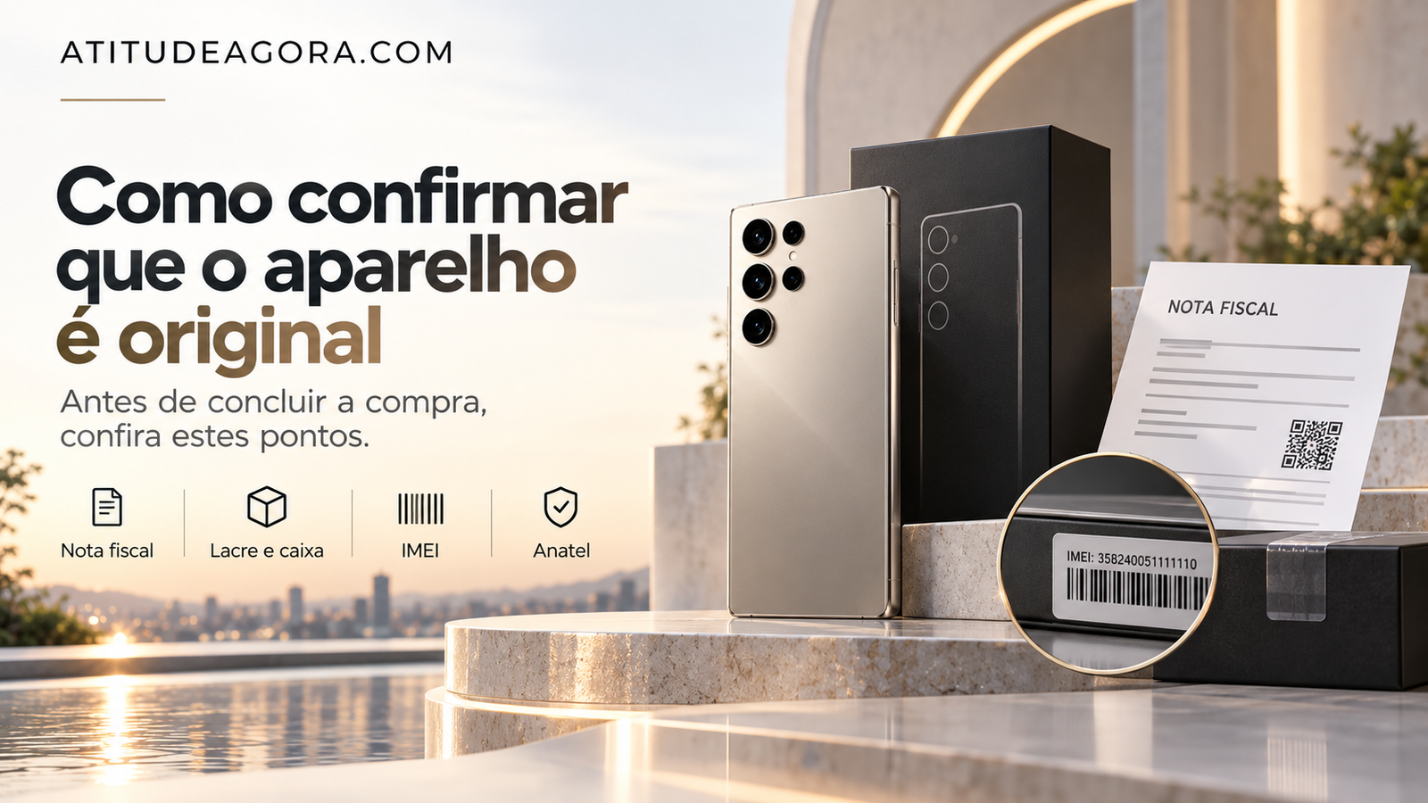 Ilustração educativa de celular, caixa, nota fiscal, etiqueta IMEI e verificação regulatória