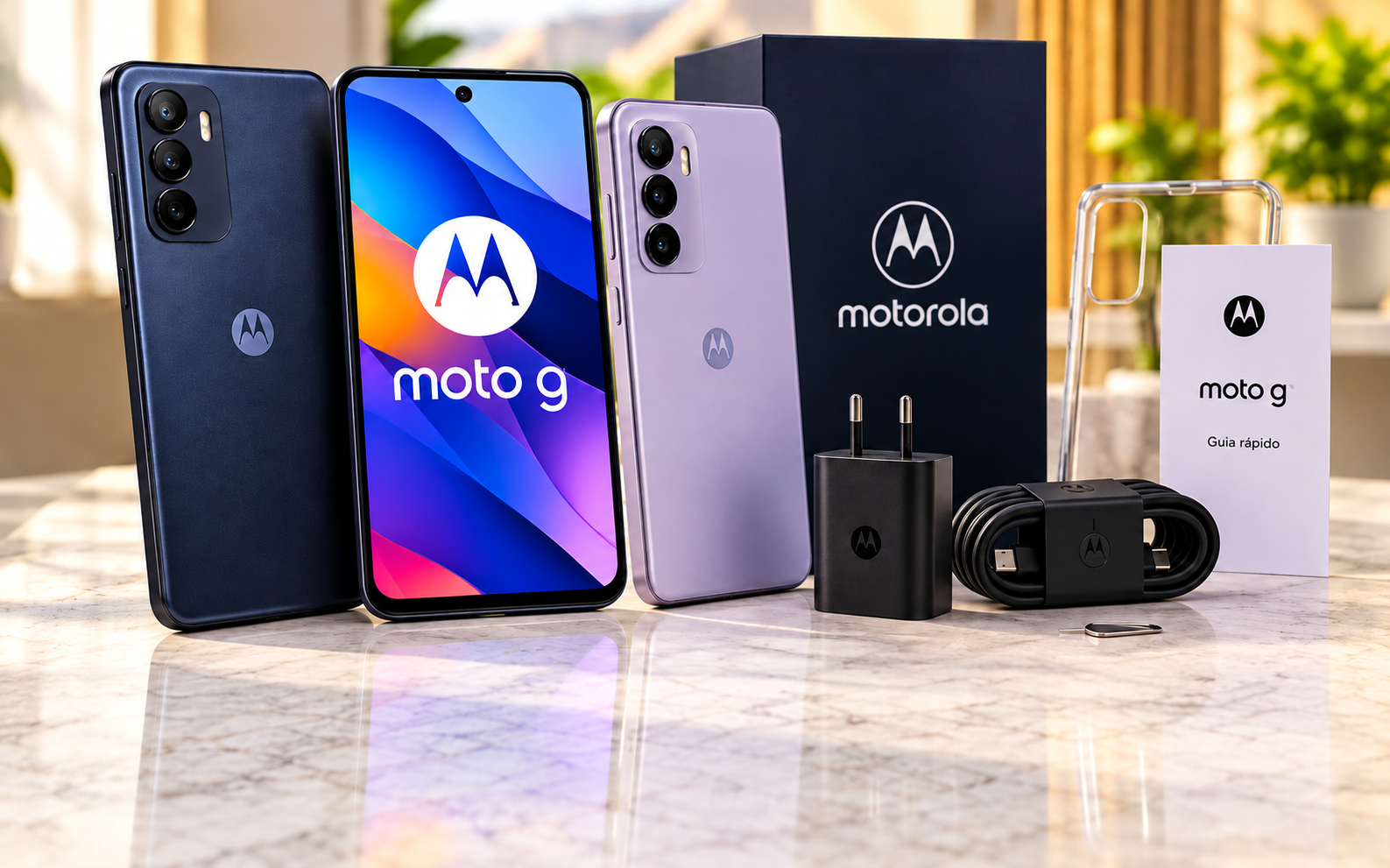 Kit ilustrativo de smartphone da linha Moto G com acessórios em cena elegante