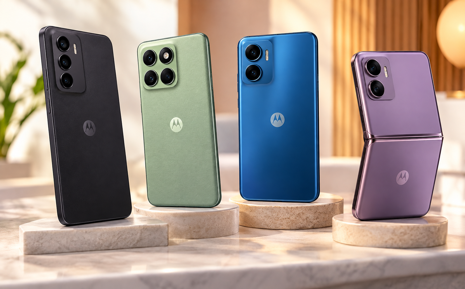 Ilustração de quatro smartphones em diferentes cores e estilos, incluindo um aparelho dobrável