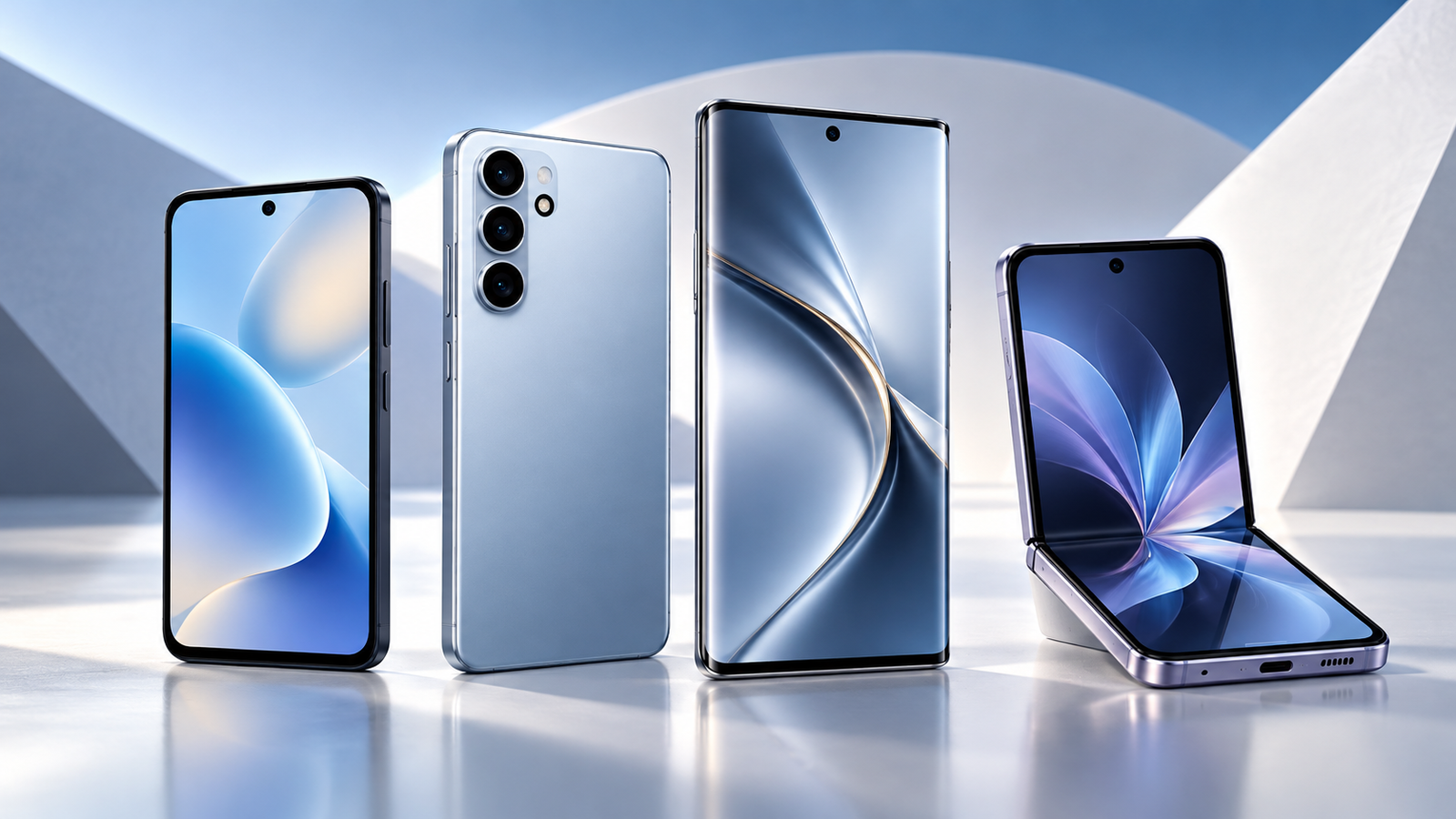 Ilustração editorial de quatro smartphones com diferentes estilos, incluindo aparelho convencional e dobrável